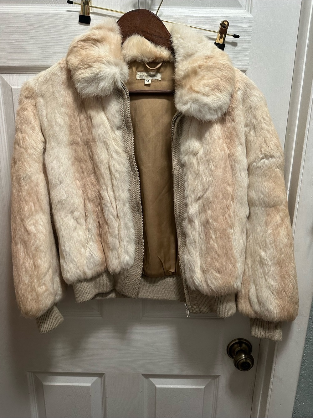 Women's Dyed Rabbit Fur Bomber Jacket in Light Beige.  Kids size 14. XS/S adult